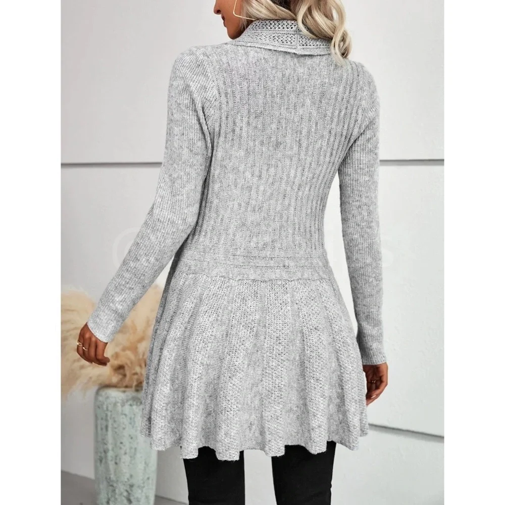 Ruffle Hem Gray Knit Open Cardigan Long Sleeve - Picture 3 of 9